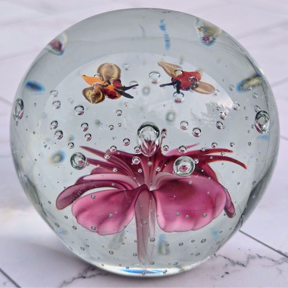 Lampwork Art Glass Paperweight Pink Flower Two Bees Controlled Bubbles 3 Inch